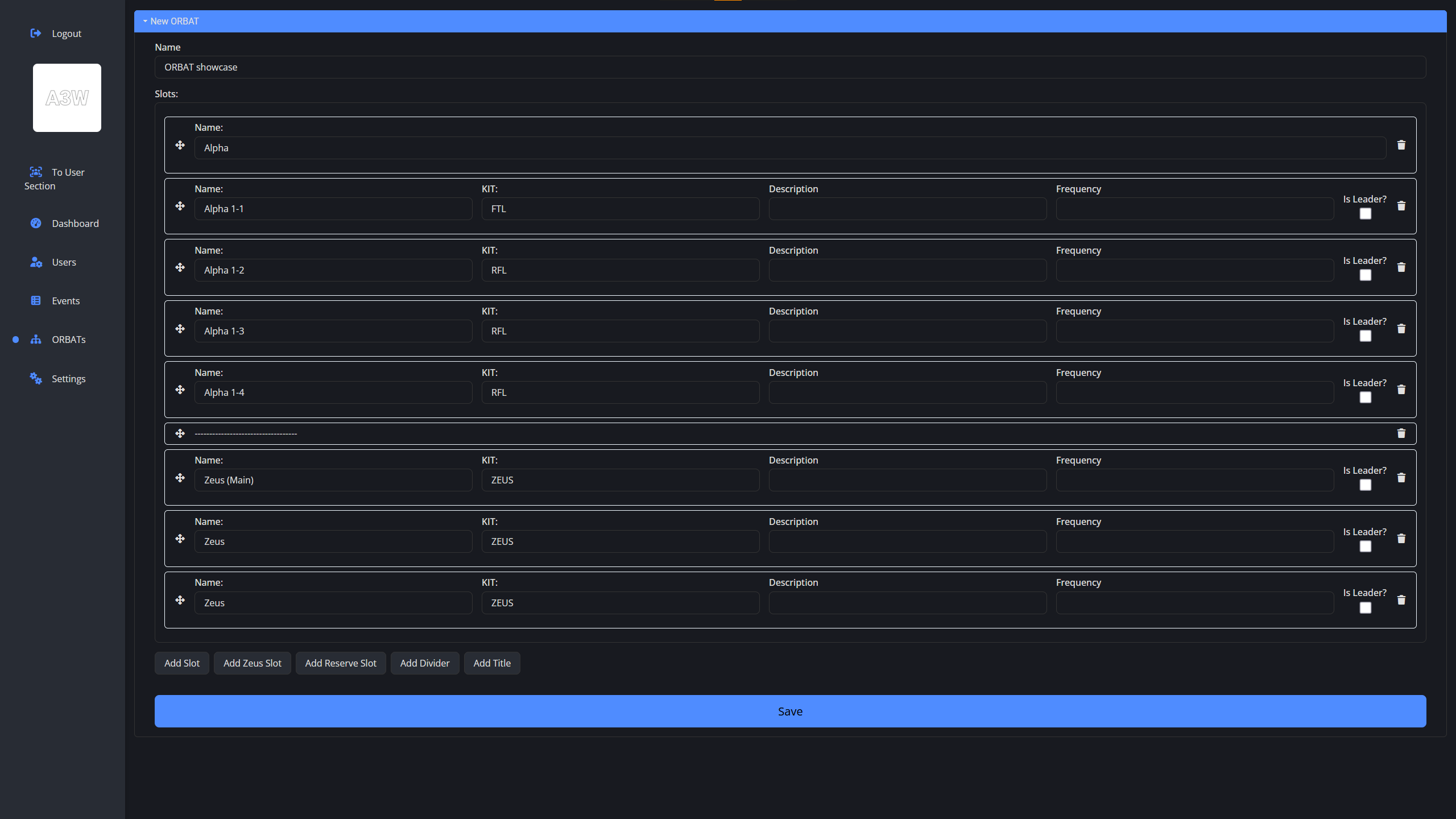 Ukázka ORBAT v administraci