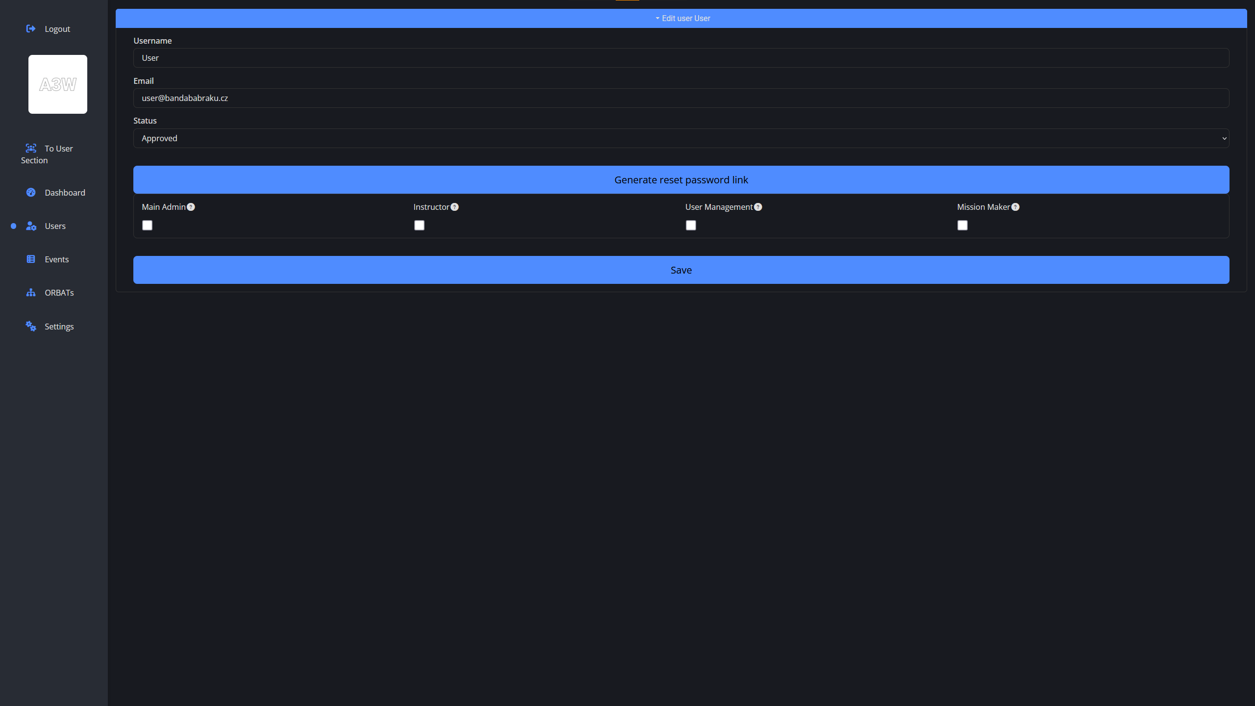 Ukázka stránky editace uživatele